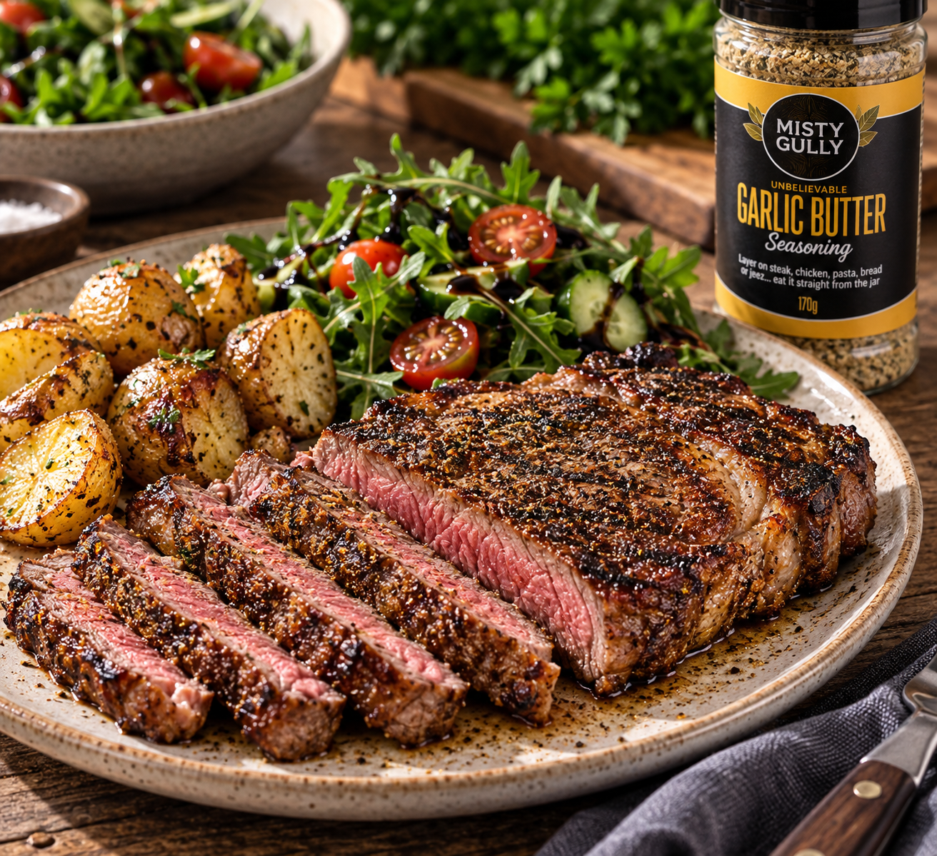 Perfect Garlic Butter Scotch Fillet with Crispy Potatoes & Balsamic Salad